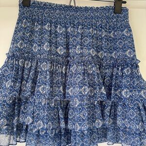 MISA Los Angeles Mini Skirt, "Marina Ruffle", Blue w Metallic Detailing, Sz Sm